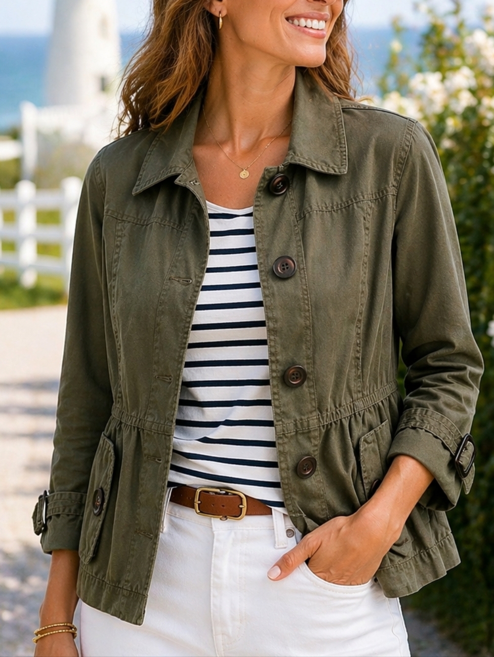 LOFT Olive Utility Jacket Peplum Waist Button Front Size L